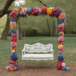 A whimsical swing made of radiant rainbows, embellished with blooming flowers in a fairy-tale setting.