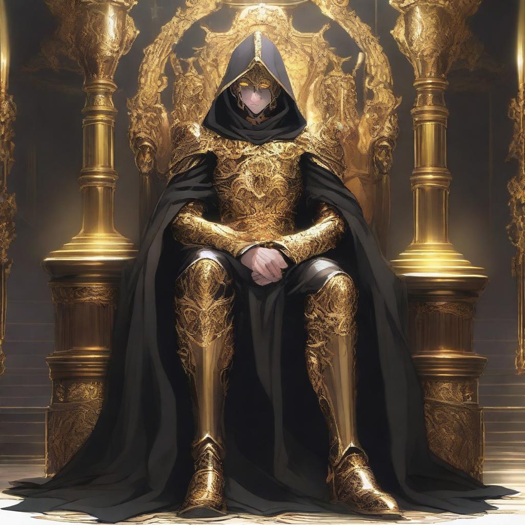 A fantasy anime teenager in gold and black rogue armor, sitting on a throne