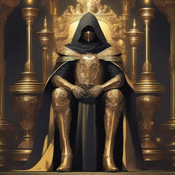 A fantasy anime teenager in gold and black rogue armor, sitting on a throne