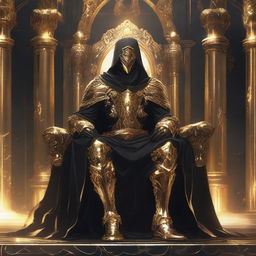 A fantasy anime teenager in gold and black rogue armor, sitting on a throne