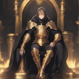 A fantasy anime teenager in gold and black rogue armor, sitting on a throne