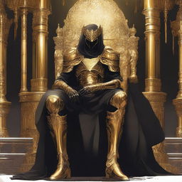 A fantasy anime teenager in gold and black rogue armor, sitting on a throne