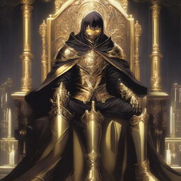 A fantasy anime teenager in gold and black rogue armor, sitting on a throne