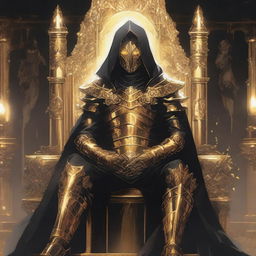 A fantasy anime teenager in gold and black rogue armor, sitting on a throne