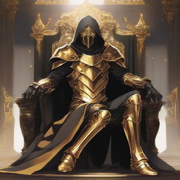 A fantasy anime teenager in gold and black rogue armor, sitting on a throne