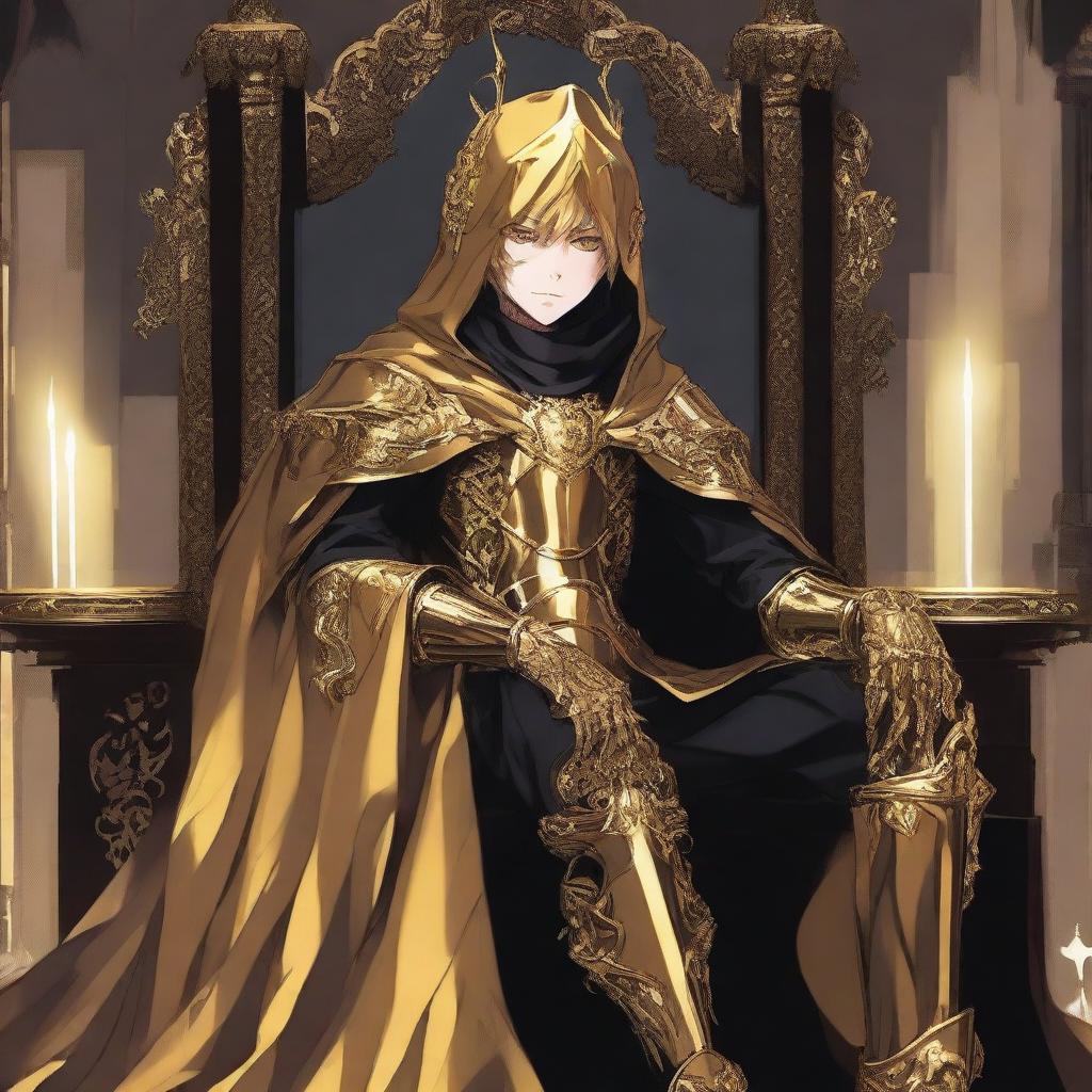 A fantasy anime teenager in gold and black rogue armor, sitting on a throne