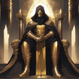 A fantasy anime teenager in gold and black rogue armor, sitting on a throne