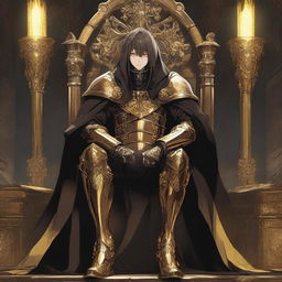 A fantasy anime teenager in gold and black rogue armor, sitting on a throne