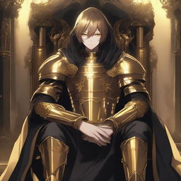 A fantasy anime teenager in gold and black rogue armor, sitting on a throne