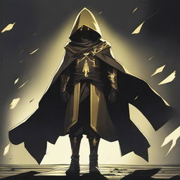 A fantasy anime teenager wearing gold and black rogue armor with a cloak that partially hides his face in shadows