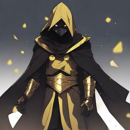 A fantasy anime teenager wearing gold and black rogue armor with a cloak that partially hides his face in shadows