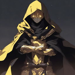 A fantasy anime teenager wearing gold and black rogue armor with a cloak that partially hides his face in shadows