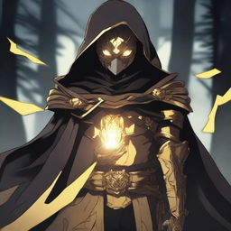 A fantasy anime teenager wearing gold and black rogue armor with a cloak that partially hides his face in shadows