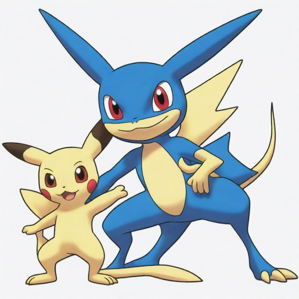 Draw Ash's Greninja and Pikachu from Pokemon in a coloring book style.