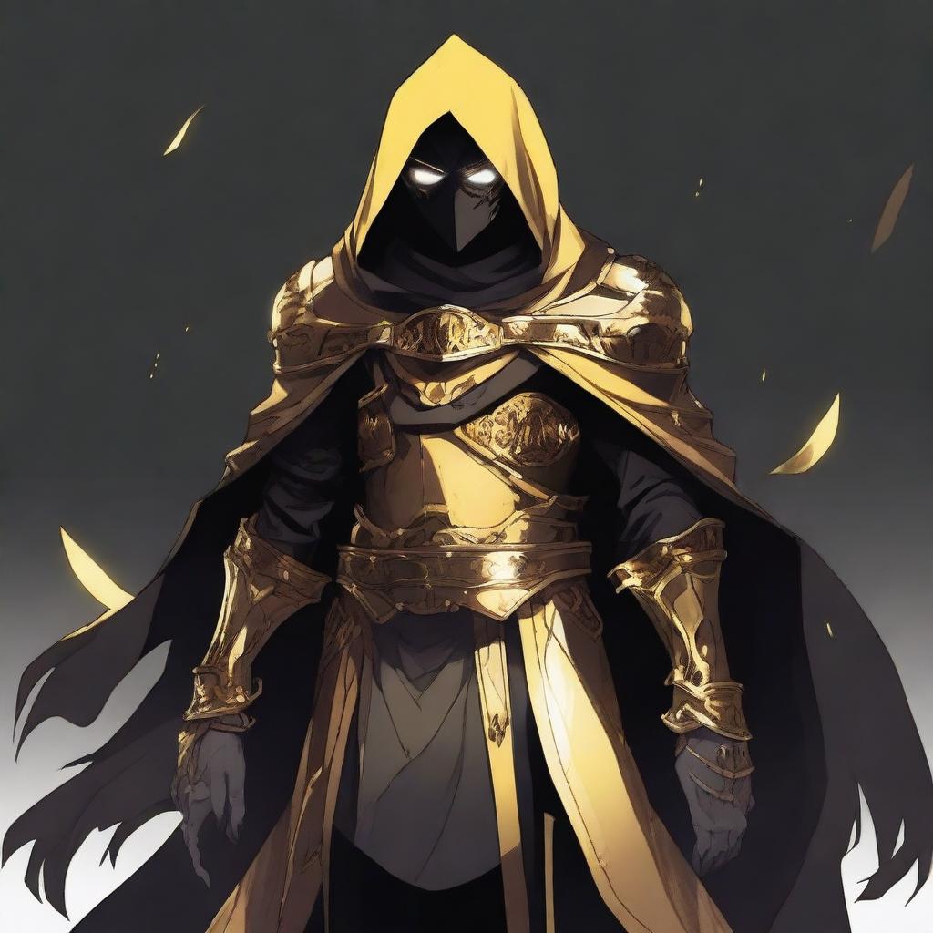 A fantasy anime teenager wearing gold and black rogue armor with a shadow cloak that partially hides his face in shadows