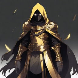 A fantasy anime teenager wearing gold and black rogue armor with a shadow cloak that partially hides his face in shadows