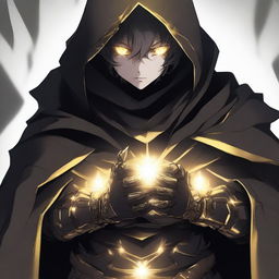 A fantasy anime teenager wearing gold and black rogue armor with a shadow cloak that partially hides his face in shadows