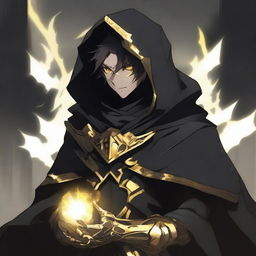 A fantasy anime teenager wearing gold and black rogue armor with a shadow cloak that partially hides his face in shadows