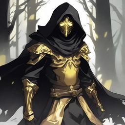 A fantasy anime teenager wearing gold and black rogue armor with a shadow cloak that partially hides his face in shadows