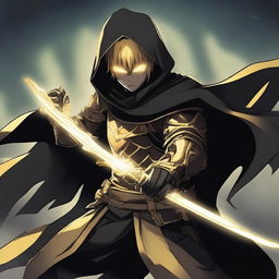 A fantasy anime teenager wearing gold and black rogue armor with a shadow cloak that partially hides his face in shadows