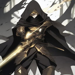 A fantasy anime teenager wearing gold and black rogue armor with a shadow cloak that partially hides his face in shadows