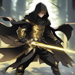 A fantasy anime teenager wearing gold and black rogue armor with a shadow cloak that partially hides his face in shadows