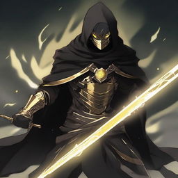 A fantasy anime teenager wearing gold and black rogue armor with a shadow cloak that partially hides his face in shadows