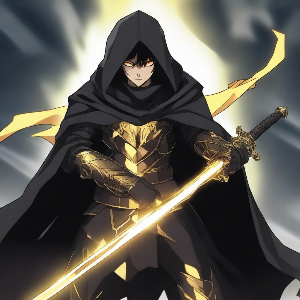 A fantasy anime teenager with black hair, wearing gold and black rogue armor with a shadow cloak that partially hides his face in shadows