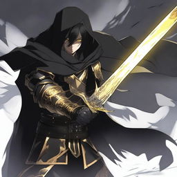 A fantasy anime teenager with black hair, wearing gold and black rogue armor with a shadow cloak that partially hides his face in shadows