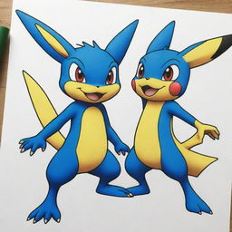 Draw Ash's Greninja and Pikachu from Pokemon in a coloring book style.