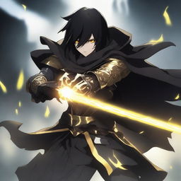 A fantasy anime teenager with black hair, wearing gold and black rogue armor with a shadow cloak that partially hides his face in shadows