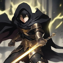 A fantasy anime teenager with black hair, wearing gold and black rogue armor with a shadow cloak that partially hides his face in shadows