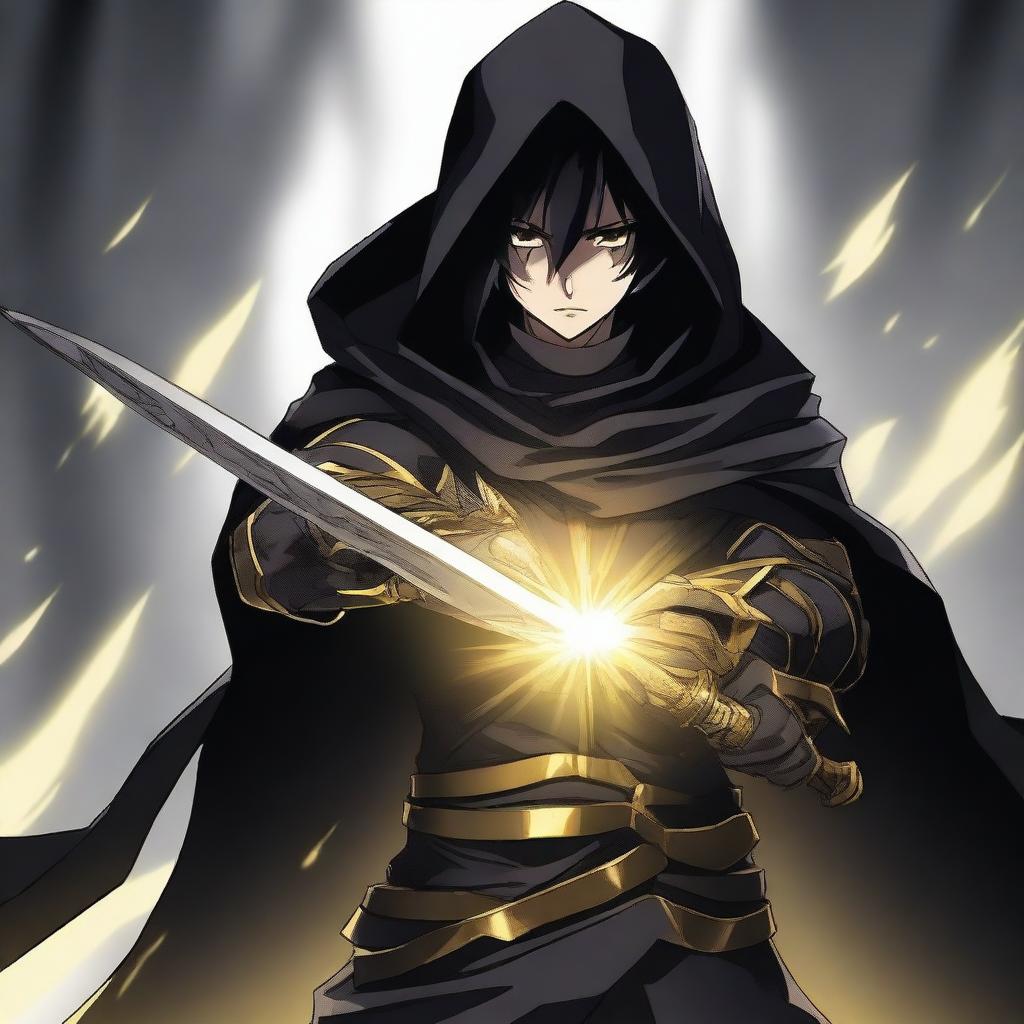 A fantasy anime teenager with black hair wearing gold and black rogue armor with a shadow cloak that partially hides his face in shadows