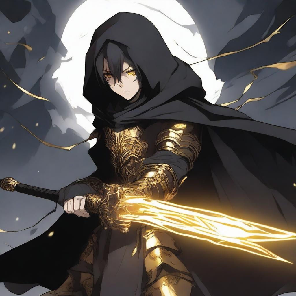 A fantasy anime teenager with black hair wearing gold and black rogue armor with a shadow cloak that partially hides his face in shadows