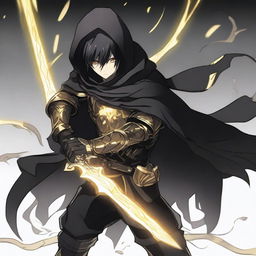 A fantasy anime teenager with black hair wearing gold and black rogue armor with a shadow cloak that partially hides his face in shadows