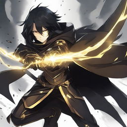 A fantasy anime teenager with black hair wearing gold and black rogue armor with a shadow cloak that partially hides his face in shadows