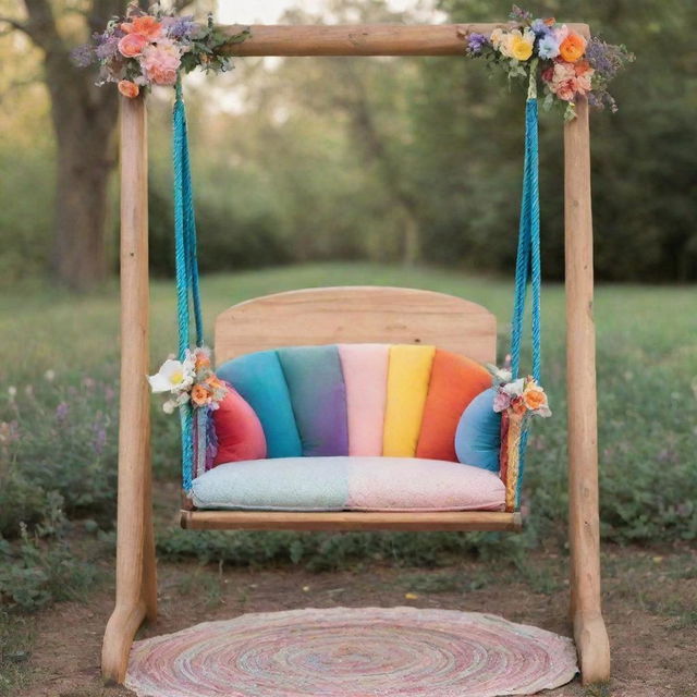 A whimsical baby swing made of radiant rainbows, adorned with blooming flowers in a magical setting.