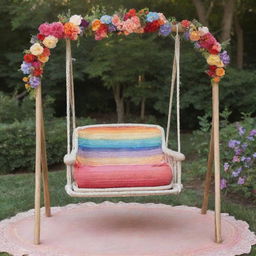 A whimsical baby swing made of radiant rainbows, adorned with blooming flowers in a magical setting.