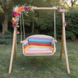 A whimsical baby swing made of radiant rainbows, adorned with blooming flowers in a magical setting.