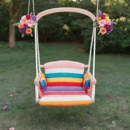 A whimsical baby swing made of radiant rainbows, adorned with blooming flowers in a magical setting.