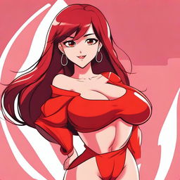A cartoon-style image of a very sexy girl with big breasts, wearing red clothes