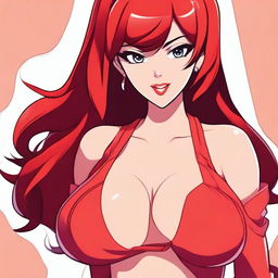 A cartoon-style image of a very sexy girl with big breasts, wearing red clothes