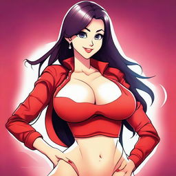 A cartoon-style image of a very sexy girl with big breasts, wearing red clothes