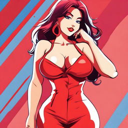 A cartoon-style image of a very sexy girl with big breasts, wearing red clothes