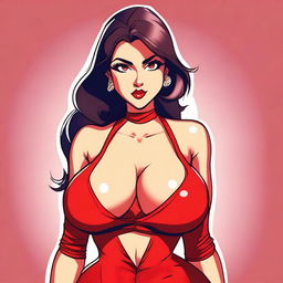 A cartoon-style image of a very sexy girl with big breasts, wearing red clothes