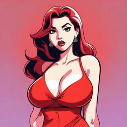 A cartoon-style image of a very sexy girl with big breasts, wearing red clothes