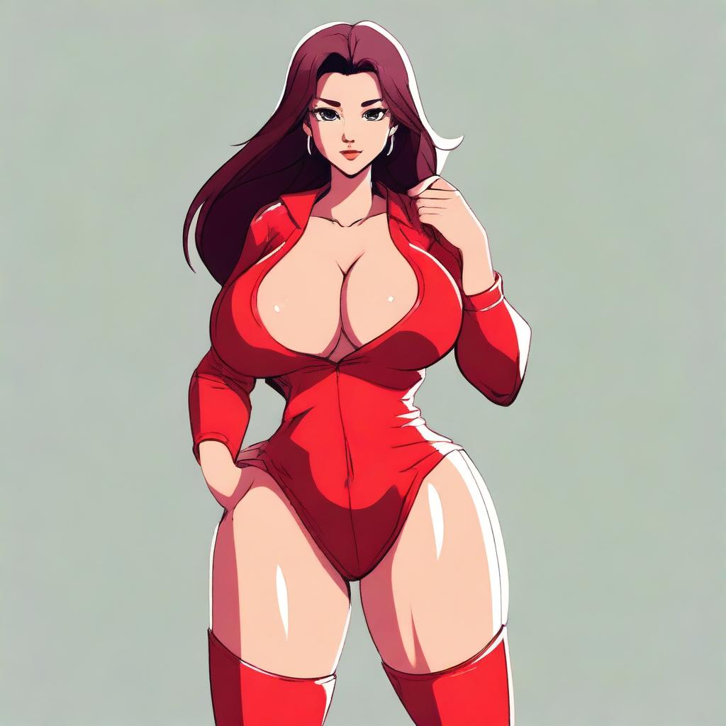 A full-body cartoon-style image of a very sexy girl with big breasts, wearing red clothes