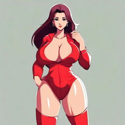 A full-body cartoon-style image of a very sexy girl with big breasts, wearing red clothes