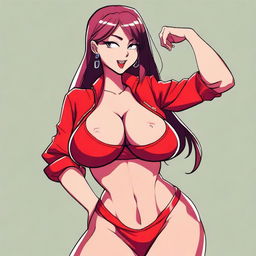 A full-body cartoon-style image of a very sexy girl with big breasts, wearing red clothes