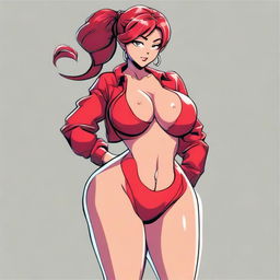 A full-body cartoon-style image of a very sexy girl with big breasts, wearing red clothes